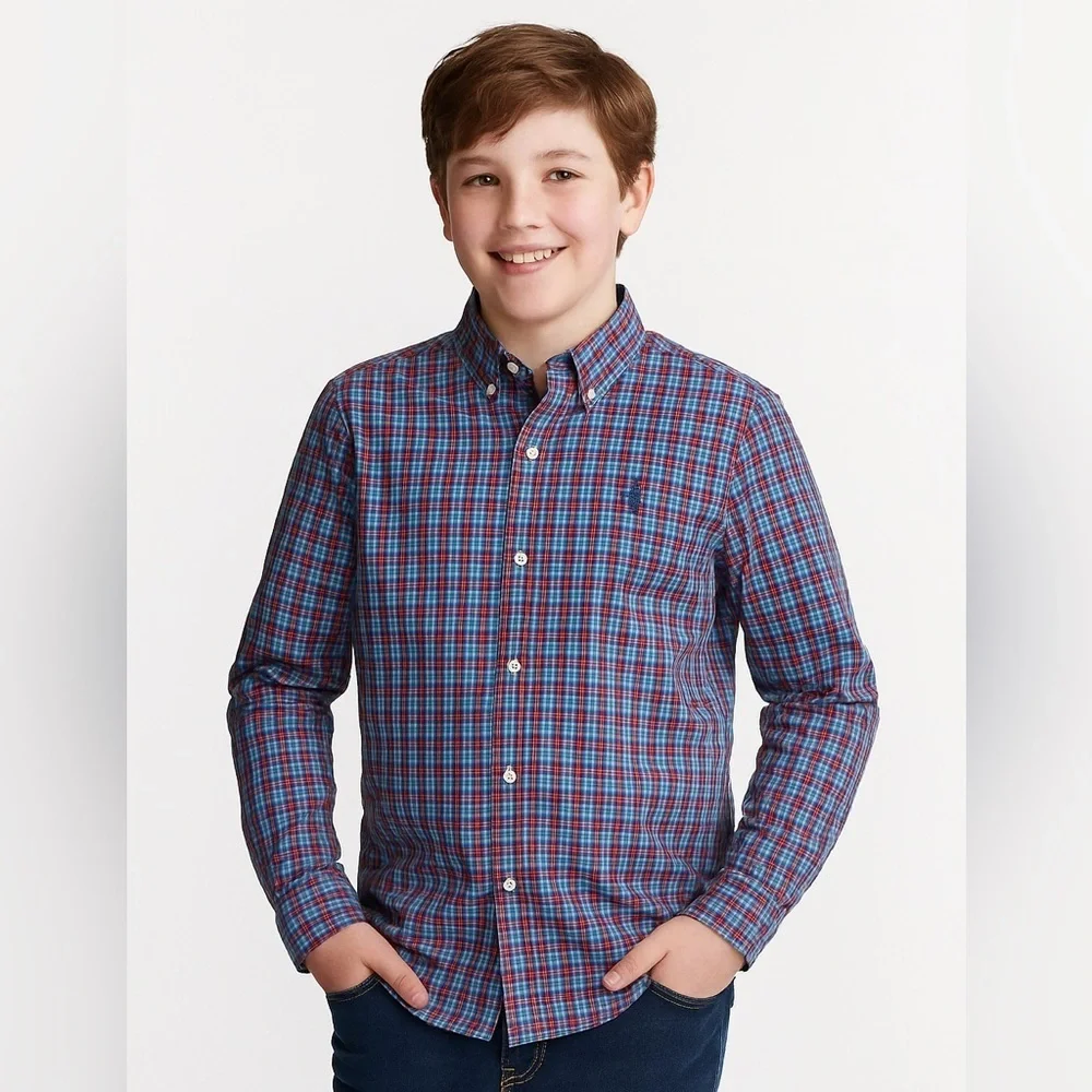 Ralph Lauren Boys Button Up Shirt Classic Blue Plaid Long Sleeve Youth Sz 14-16
